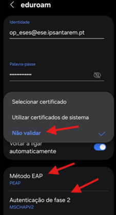 Definições avançadas da rede eduroam no Android