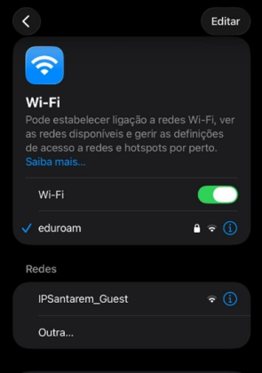 Rede eduroam ligada no iPhone