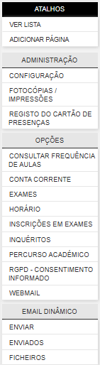 Menu de atalhos
