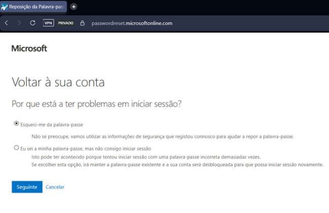 Opção para alterar a palavra-passe